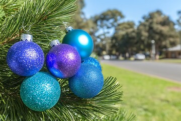 Blue Ornaments on Outdoor Tree, Sunny Street