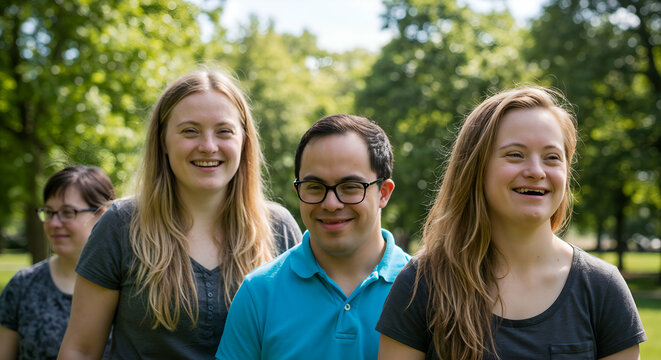 Happiness in the Park: A diverse group of smiling people enjoy the outdoors, basking in the warmth of a sunny day under a canopy of green trees. The image radiates joy and camaraderie.