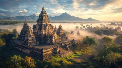 Majestic Ancient Temple Ruins Surrounded by Lush Green Landscape