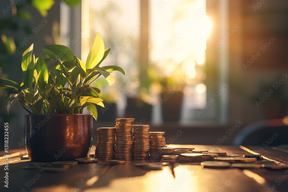 Poster a potted plant sits on a table with a pile of coins. the coins are arranged in a way that they appea