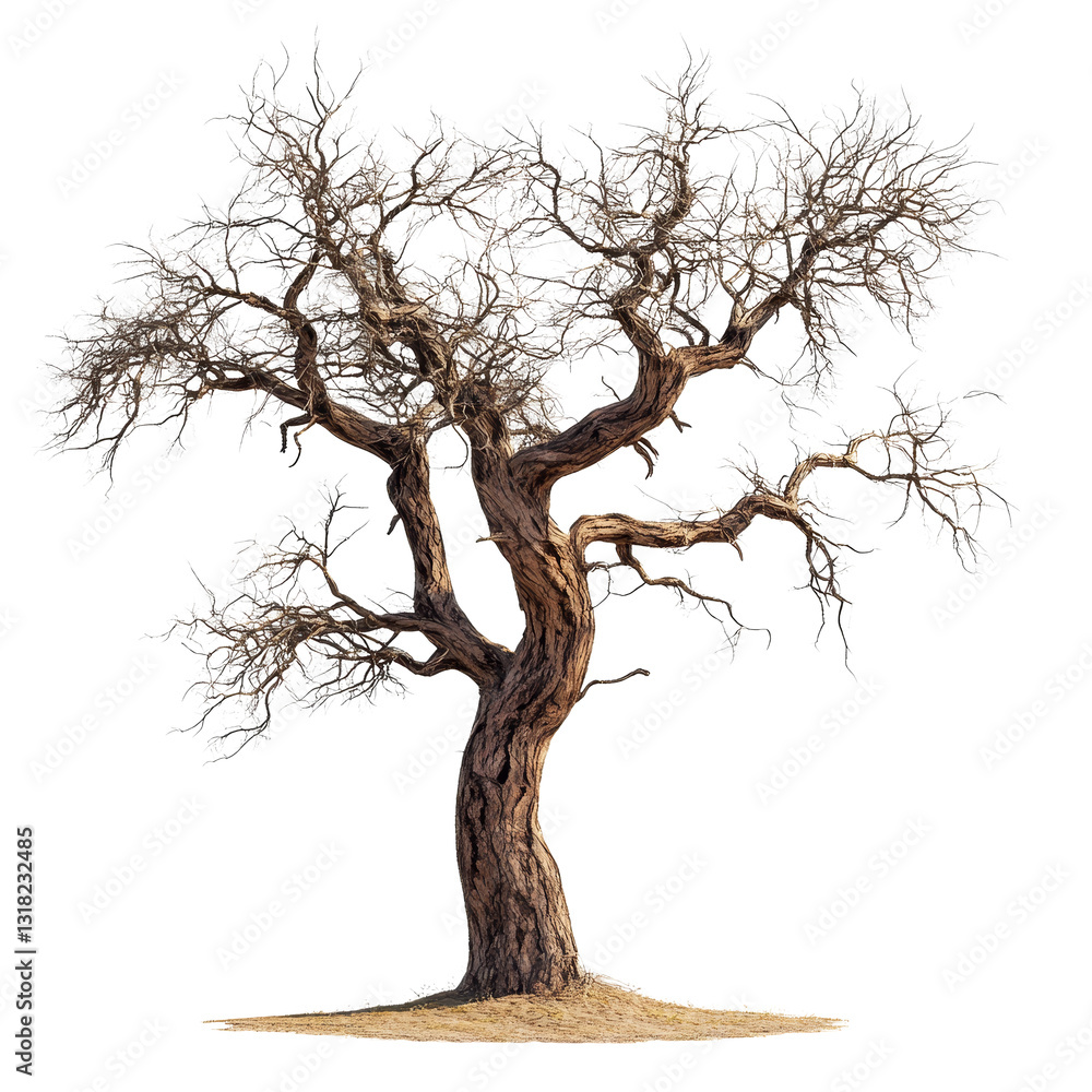 Poster rustic, isolated tree with intricate branches and weathered trunk standing against a clean transpare