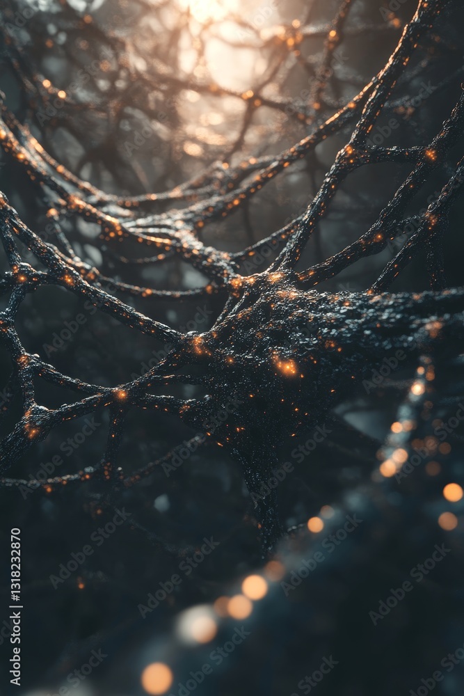 Aufkleber intricate spider web with dew in a misty forest setting