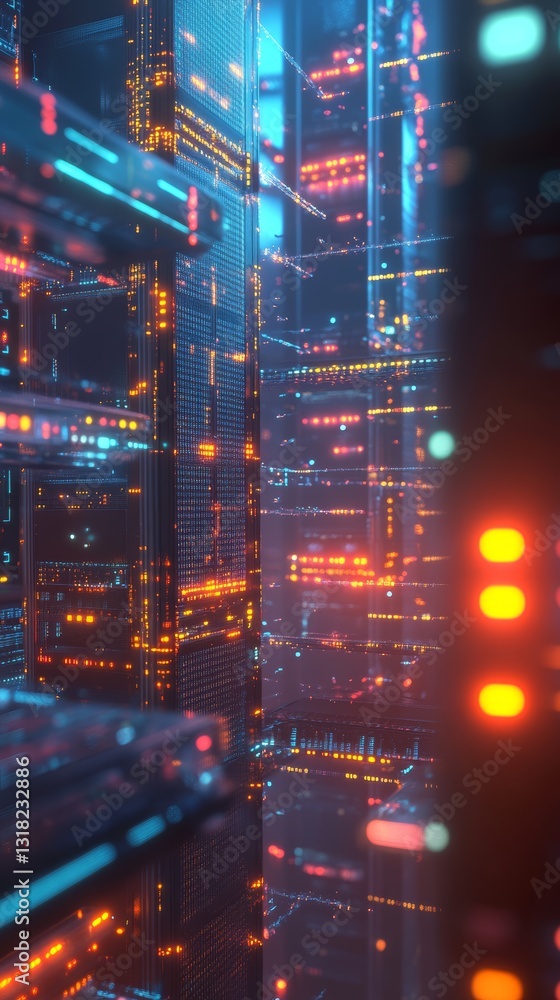 Aufkleber explore a mesmerizing digital landscape filled with vibrant lights and intricate structures, depicti