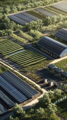 A stunning aerial view of a sustainable farming operation featuring solar panels and a greenhouse, showcasing modern agricultural practices and environmental stewardship.