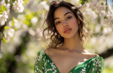 Naklejka premium Portrait of a young woman in a green dress, with a springtime background