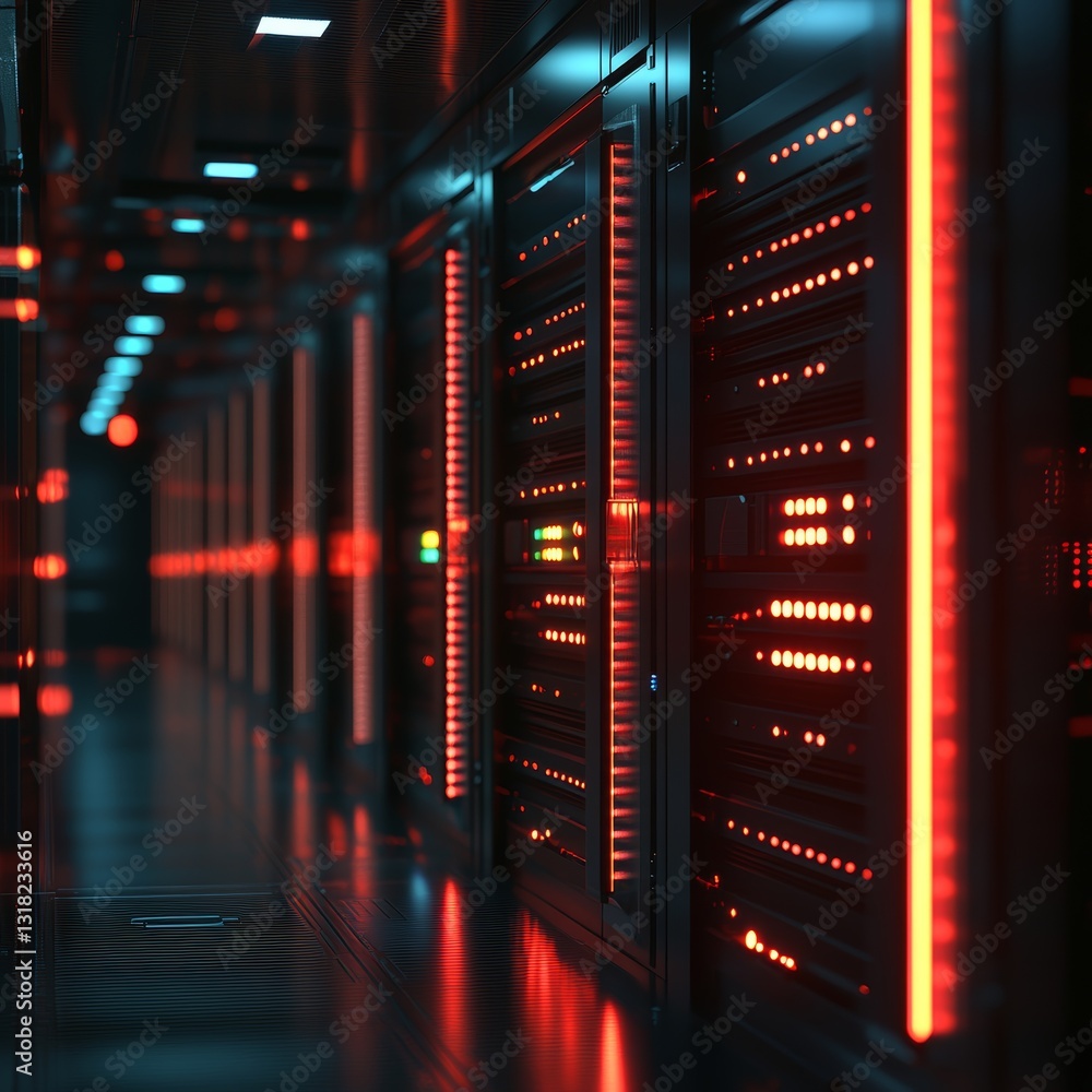 Poster a modern server room featuring rows of high-tech equipment illuminated by vibrant red lights, showca