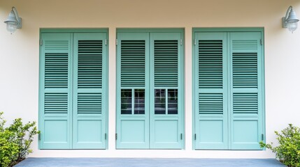 Fototapeta premium A modern louver door painted in a soft pastel color for aesthetic appeal.