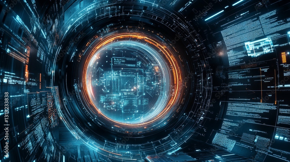 Poster futuristic digital interface with cybernetic patterns and innovative design elements
