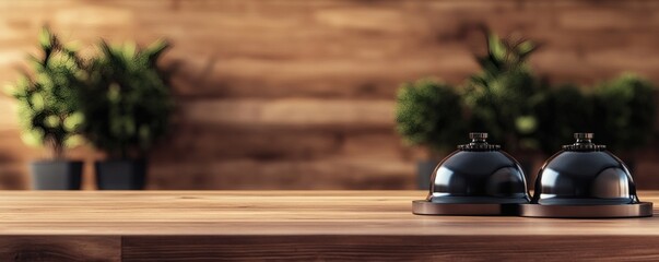 Two service bells sit on a wooden desk near greenery plants