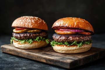 Two juicy beef burgers on a wooden board.