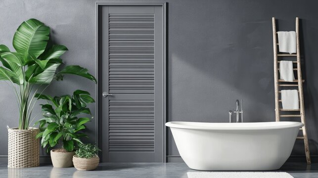 A painted louver door blending seamlessly with a modern bathroom design.