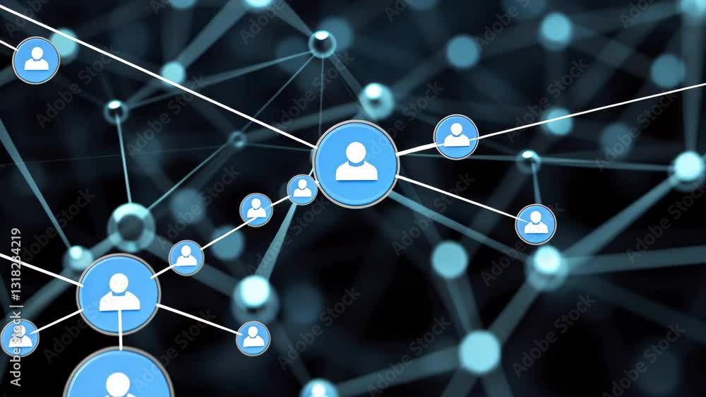 Poster network connections visualized in a server room with glowing nodes and lines showcasing data flow an