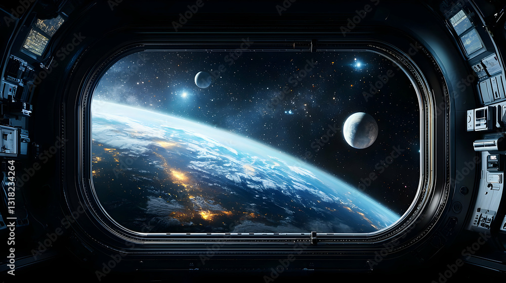 Poster view of planet earth and moon from spaceship window with city lights visible on dark side with stars