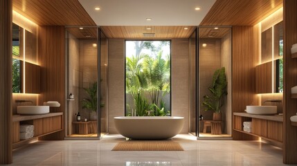 Fototapeta premium A relaxing bathroom with warm wooden accents and soft lighting.