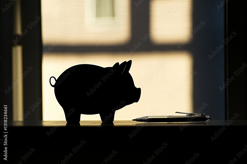 Poster a pig is sitting on a table in front of a window. the pig is black and white and is the only object 