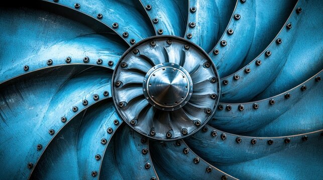 Blue metal turbine center with radiating, bolted curved blades, radial design