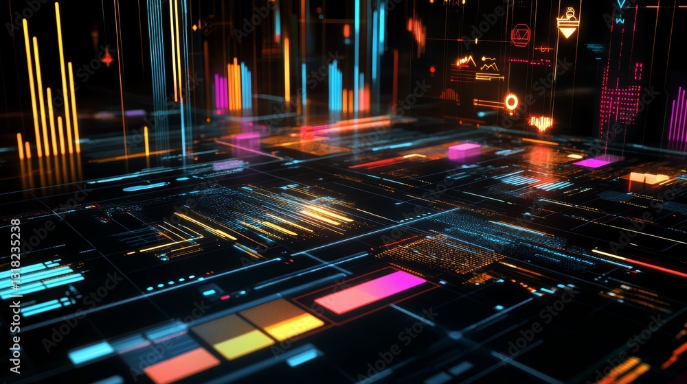 Poster interactive 3d visualization of data with glowing lines and graphs. this vibrant digital design show