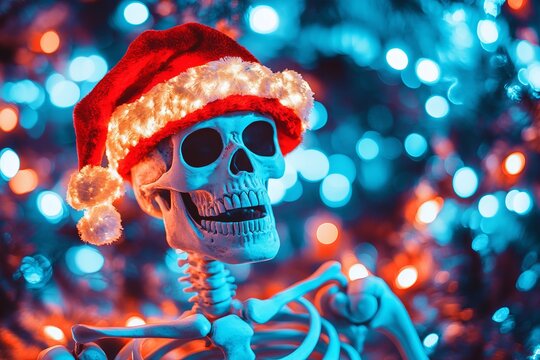 A humorous skeleton wearing a Santa hat poses against a backdrop of colorful holiday lights, capturing the spirit of festive fun with a playful twist.