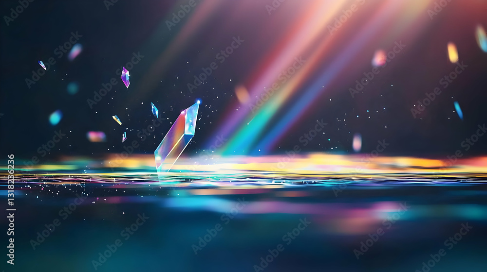 Aufkleber iridescent rainbow light spectrum reflecting on a blurred surface with scattered fragments and a dre