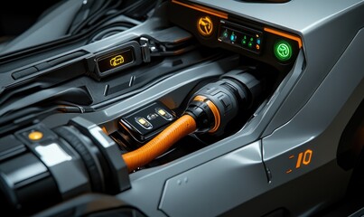 Close-up view of an electric vehicle's charging port and internal components, featuring a sleek, gray chassis, orange charging cable, and glowing digital displays