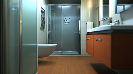 A simple bathroom with a semi-louvered door, combining airflow and privacy.