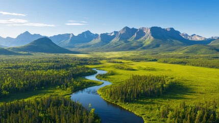 Naklejka premium Tranquil River Flowing Through Lush Green Landscape and Mountainscape