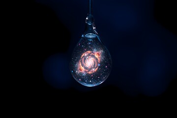 Floating water droplet containing a miniature galaxy, surreal cosmic scene with deep space illusion