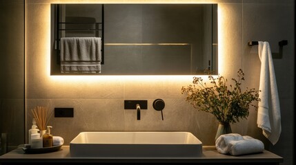 A sleek bathroom mirror with built-in LED backlighting and an integrated towel bar.