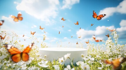 White podium surrounded by fluttering butterflies in a bright spring meadow