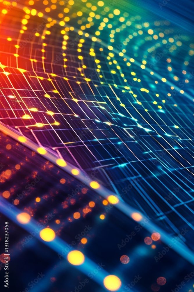 Poster this abstract image showcases a vibrant network design featuring illuminated nodes and dynamic lines