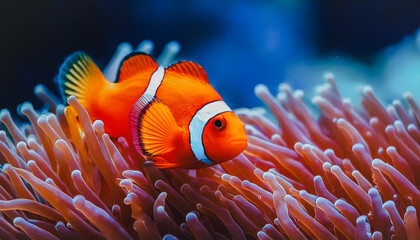 Close up of an orange clown fish swimming in a sea anemone.Colorful coral fish, clown fish, nemo fish