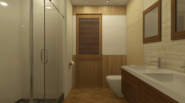 A small bathroom with a space-saving sliding louver door.