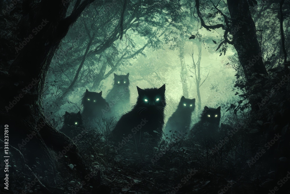 Poster a captivating image of shadowy felines with glowing eyes lurking in a mysterious forest, creating an