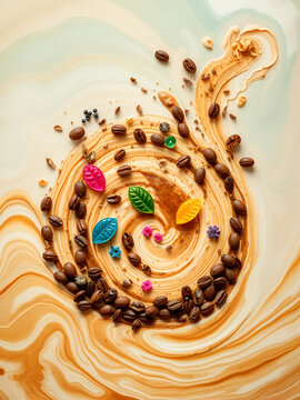 Exotic Coffee Bean Ripple Art with Colorful Floating Elements