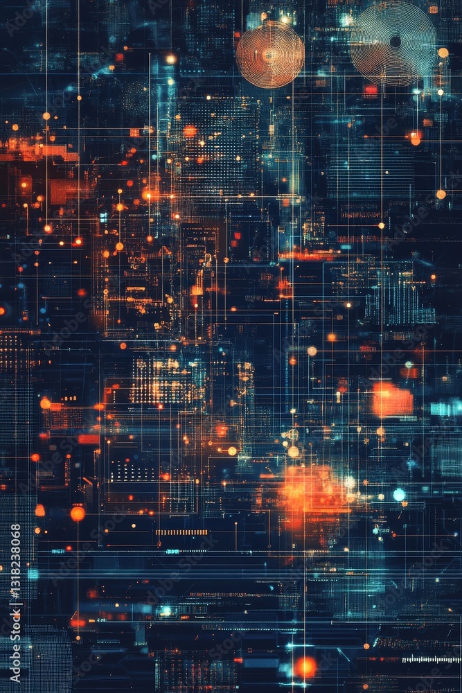 Sticker a captivating abstract digital background featuring glowing lines and vibrant shapes in blue and ora