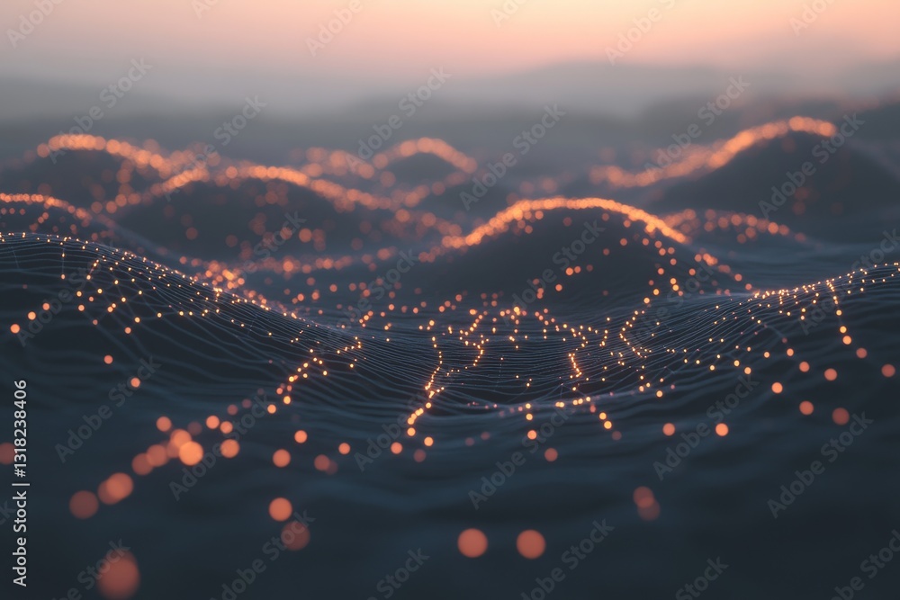 Poster a computer generated image of a wave with glowing dots. the image has a dreamy, ethereal quality to 