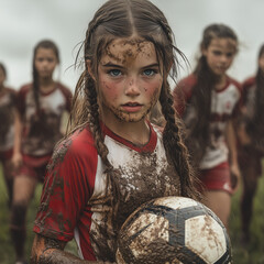 Determined Mud-Covered Teenage Girl Soccer Player with Teammates in the Background