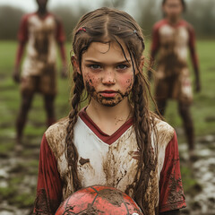 Determined Mud-Covered Teenage Girl Soccer Player with Teammates in the Background