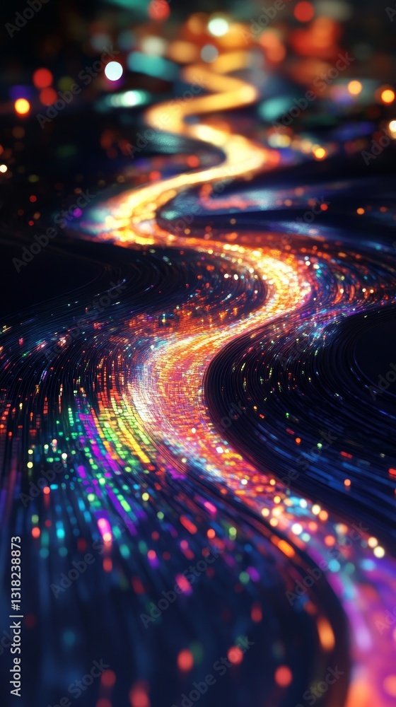 Poster this vibrant abstract image features colorful light trails flowing through a dark background. the dy