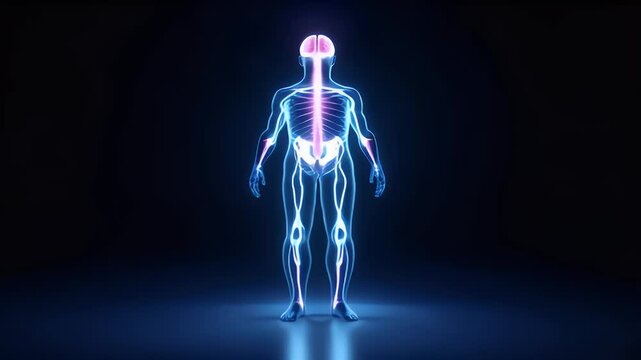 Glowing Human Body Anatomy with Spinal Column and Brain on Dark Background