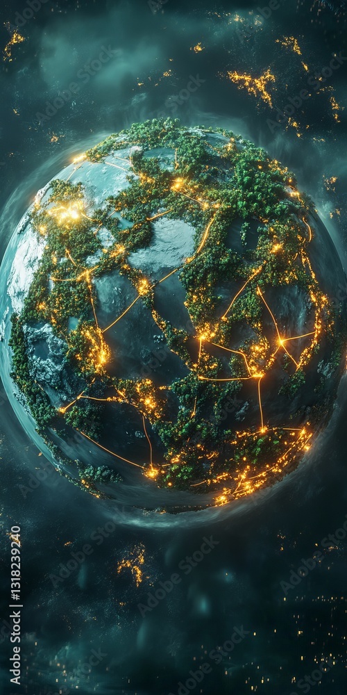 Poster a planet with a green surface and a network of lights surrounding it. the planet is surrounded by a 