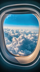 View from airplane window: blue sky and clouds