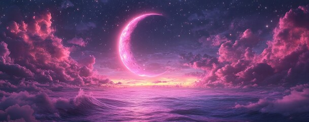A stunning view of a sunset over the ocean featuring a delicate crescent moon suspended in a rich purple and pink sky filled with fluffy clouds