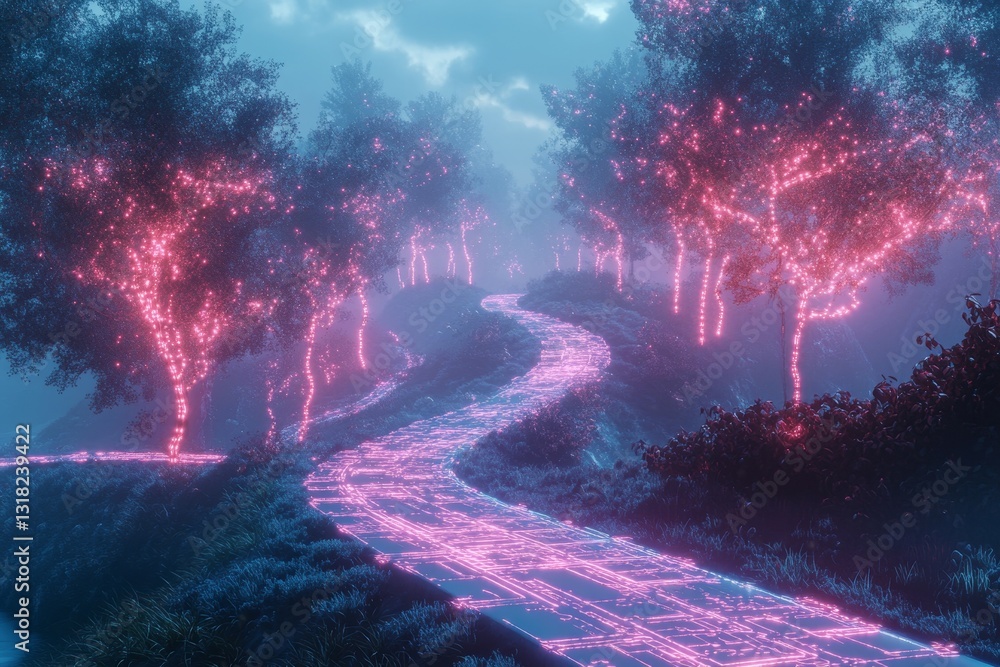 Poster a path in a forest with pink lights on the trees. the lights are glowing and creating a magical atmo