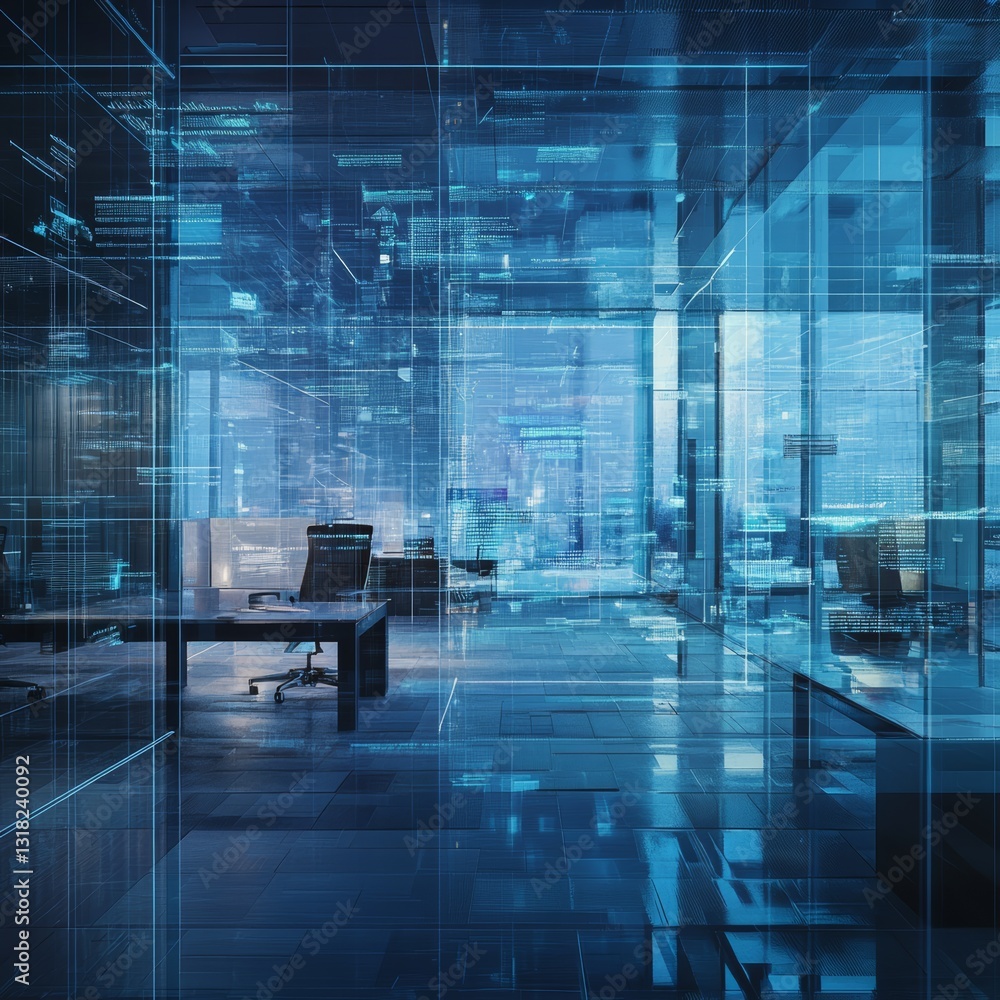 Poster a sleek modern office space showcasing virtual data analytics and cutting-edge technology trends. th