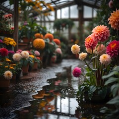 Fototapeta premium Vibrant flower Garden lined with colorful blooms on a rainy day