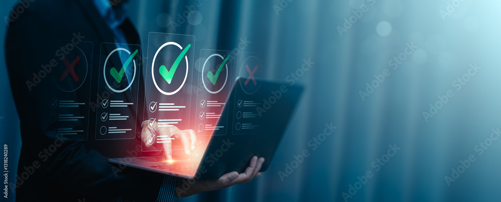Poster business professional evaluating checklists on laptop with futuristic virtual interface, highlightin