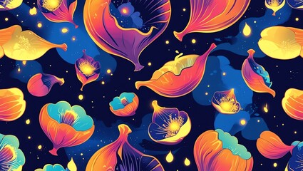 Cosmic Bloom: A vibrant, surreal illustration of otherworldly flowers against a dark, starry backdrop, showcasing a captivating blend of fantasy and nature.