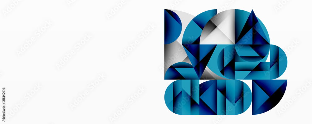 Poster Abstract geometric design with intersecting circles, triangles, squares and sharp angles creating a layered composition with gradients, depth, and contrast