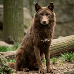 Fototapeta premium Wild Brown Wolf Sitting Confidently in the Forest